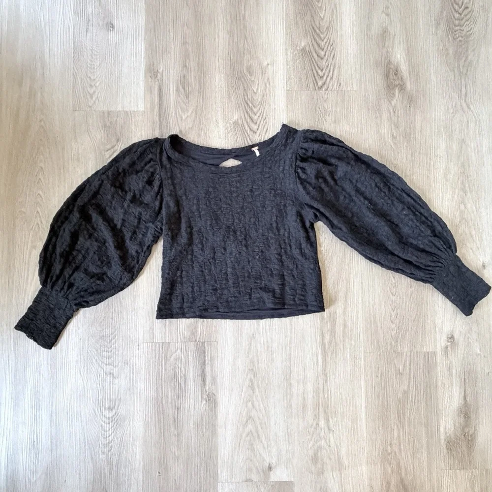 Free People Black Textured Puff Sleeve Open Back Top XL Boho Crinkle Blouse